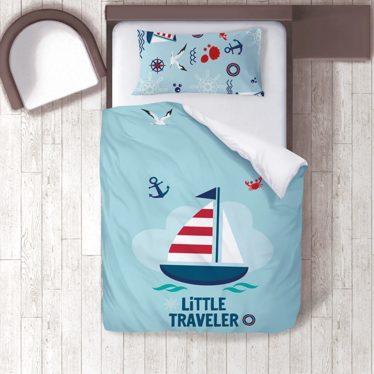 Denizcilik Nevresim Takımı | Açık Mavi yelkenli, martı Desenli