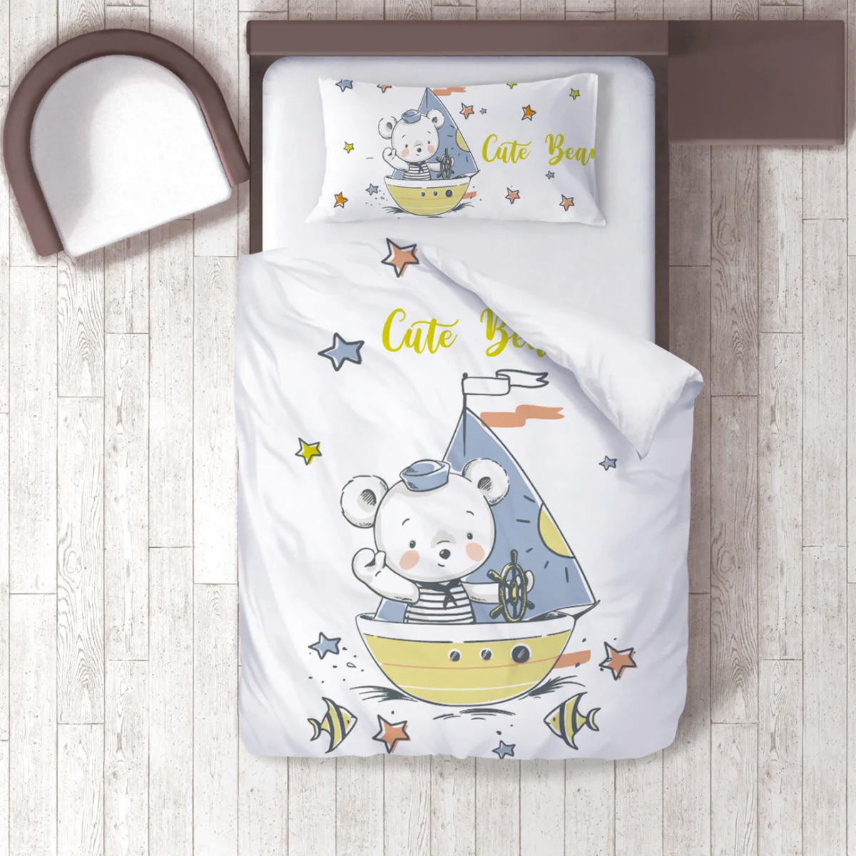 Denizci Ayı Nevresim Takımı | Beyaz yıldızlar, balıklar Desenli