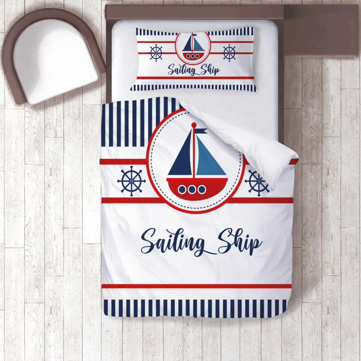 Yelkenli Gemi Nevresim Takımı | Beyaz yelkenli gemi, gemi dümeni Desenli