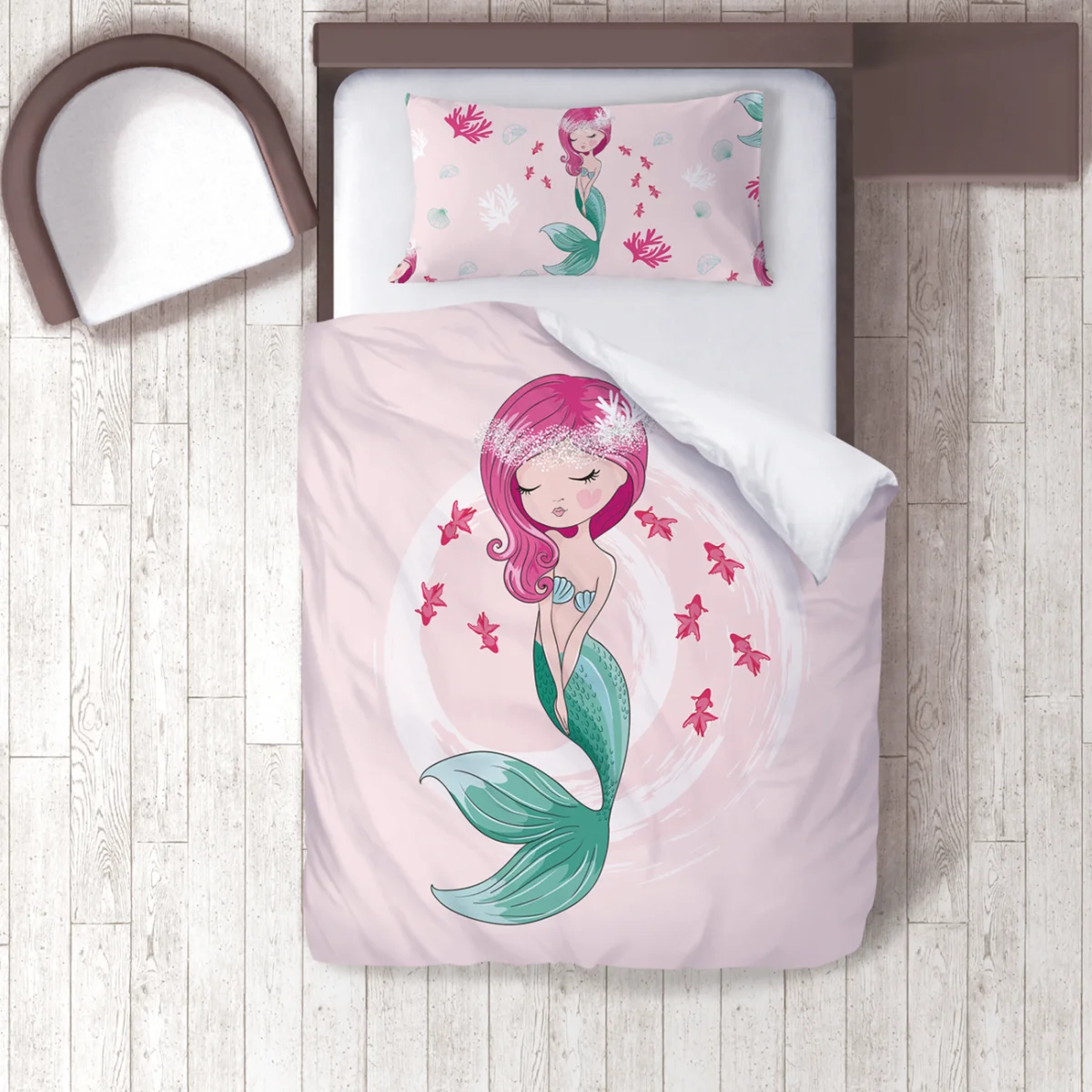 Deniz Kızı Nevresim Takımı | Pembe küçük pembe balıklar, mercanlar Desenli