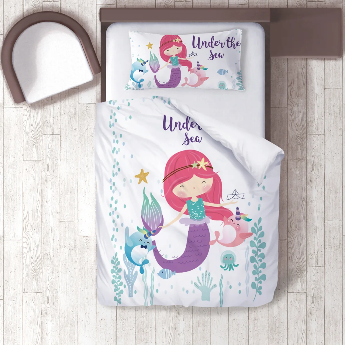 Deniz Kızı ve Deniz Altı Nevresim Takımı | Beyaz Deniz kızı, narval Desenli