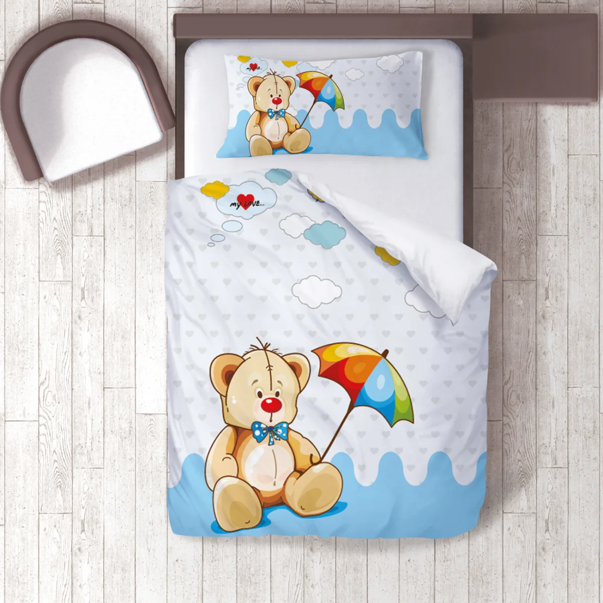 Ayıcık Nevresim Takımı | Açık mavi Kalpler, bulutlar Desenli