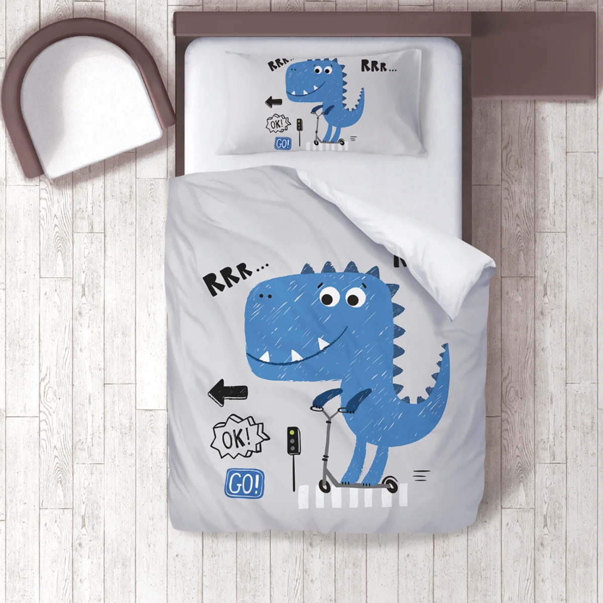 Dinozor Nevresim Takımı | Gri scooter, trafik ışığı Desenli