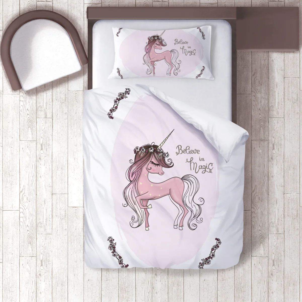 Unicorn Nevresim Takımı | Pembe Unicorn, çiçekler Desenli