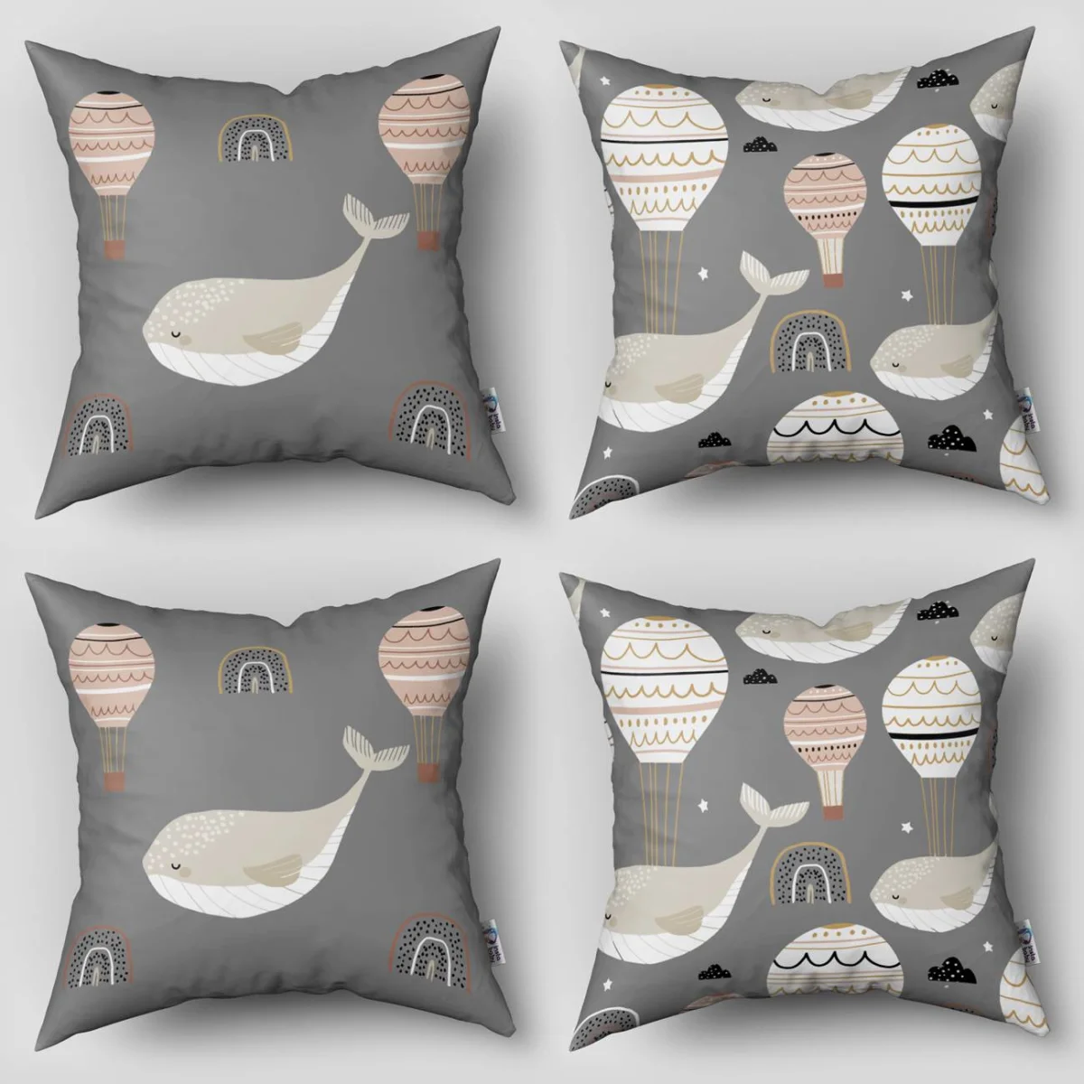 Balina ve Sıcak Hava Balonu 4lü Kırlent | Gri gökkuşağı, sıcak hava balonu Desenli