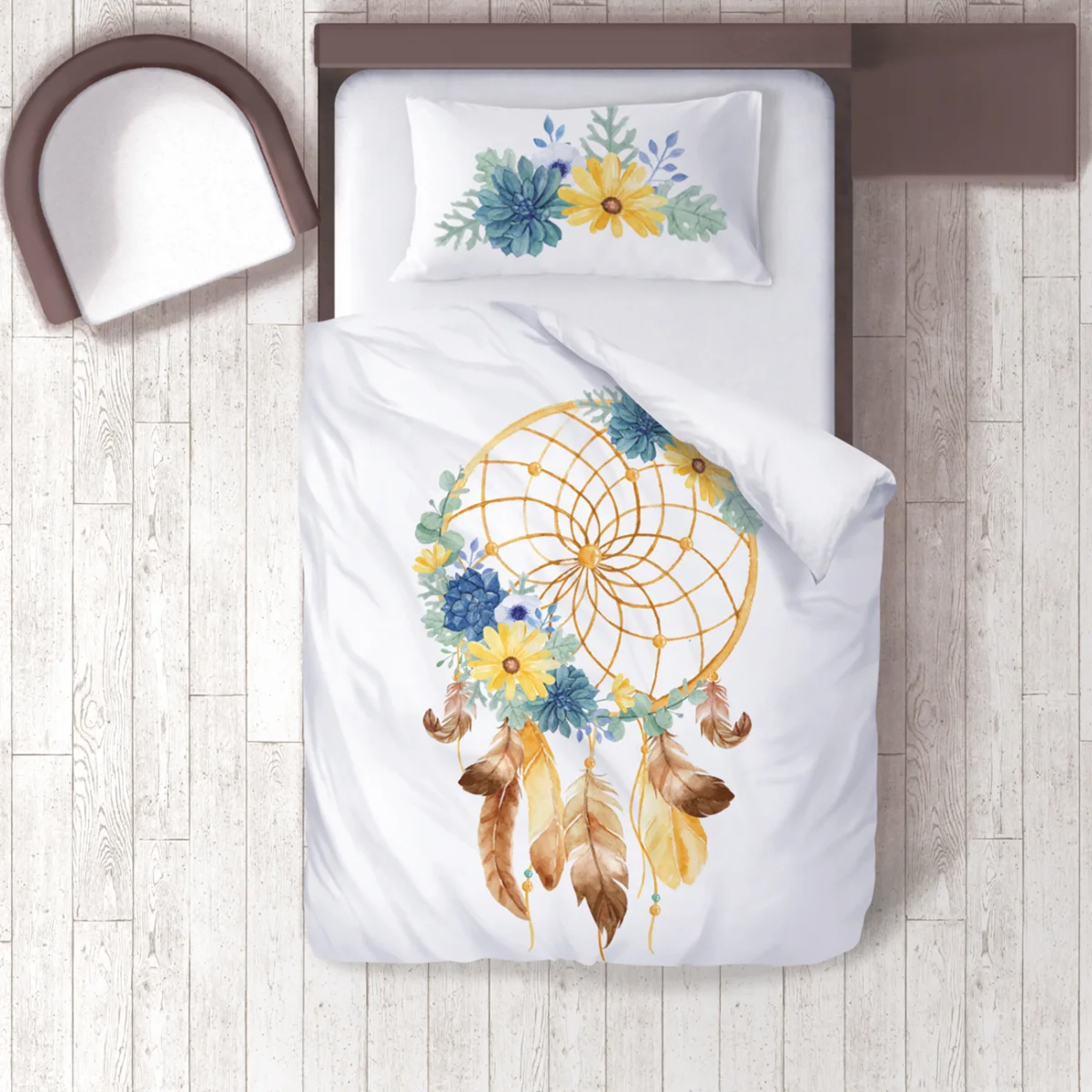 Düş kapanı, Çiçekler Nevresim Takımı | Beyaz sarı, mavi ve turkuaz çiçekler Desenli