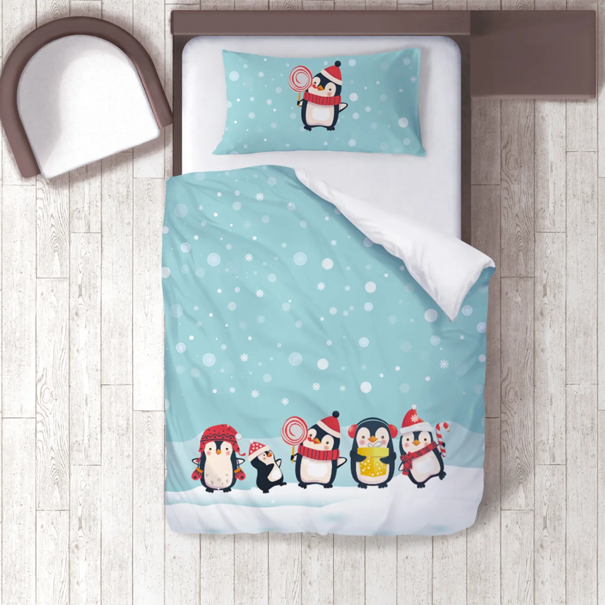 Penguen Nevresim Takımı | Mavi Kar taneleri, kar Desenli