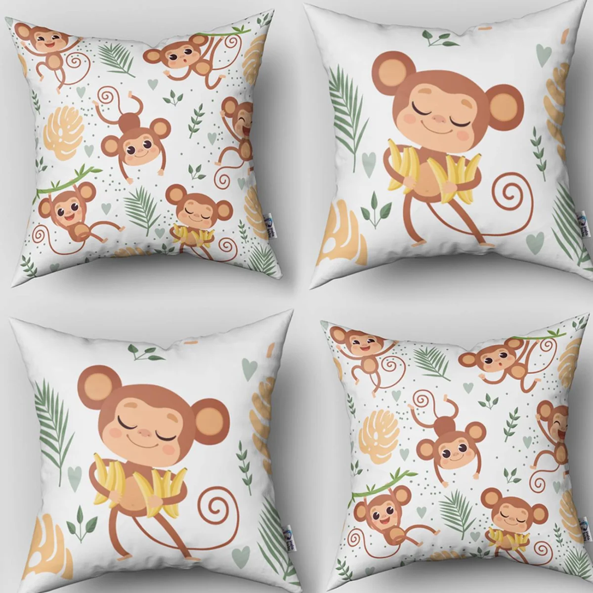 Maymunlar 4lü Kırlent | Beyaz tropikal yapraklar, muzlar Desenli