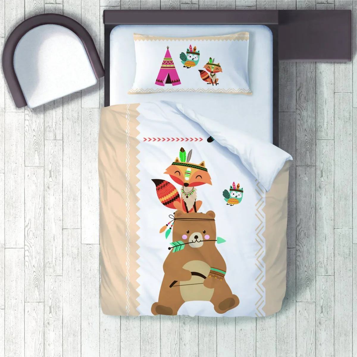 Kızılderili temalı orman hayvanları Nevresim Takımı | Beyaz Oklar, tüyler Desenli