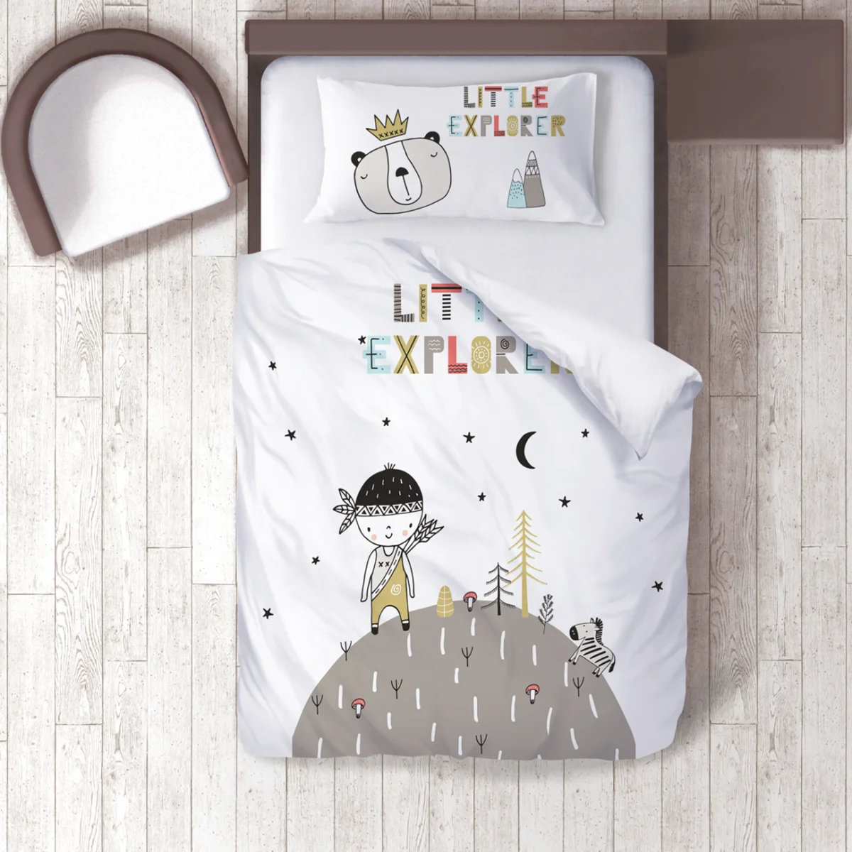 Kaşif ve Hayvanlar Nevresim Takımı | Beyaz yıldız, ay Desenli