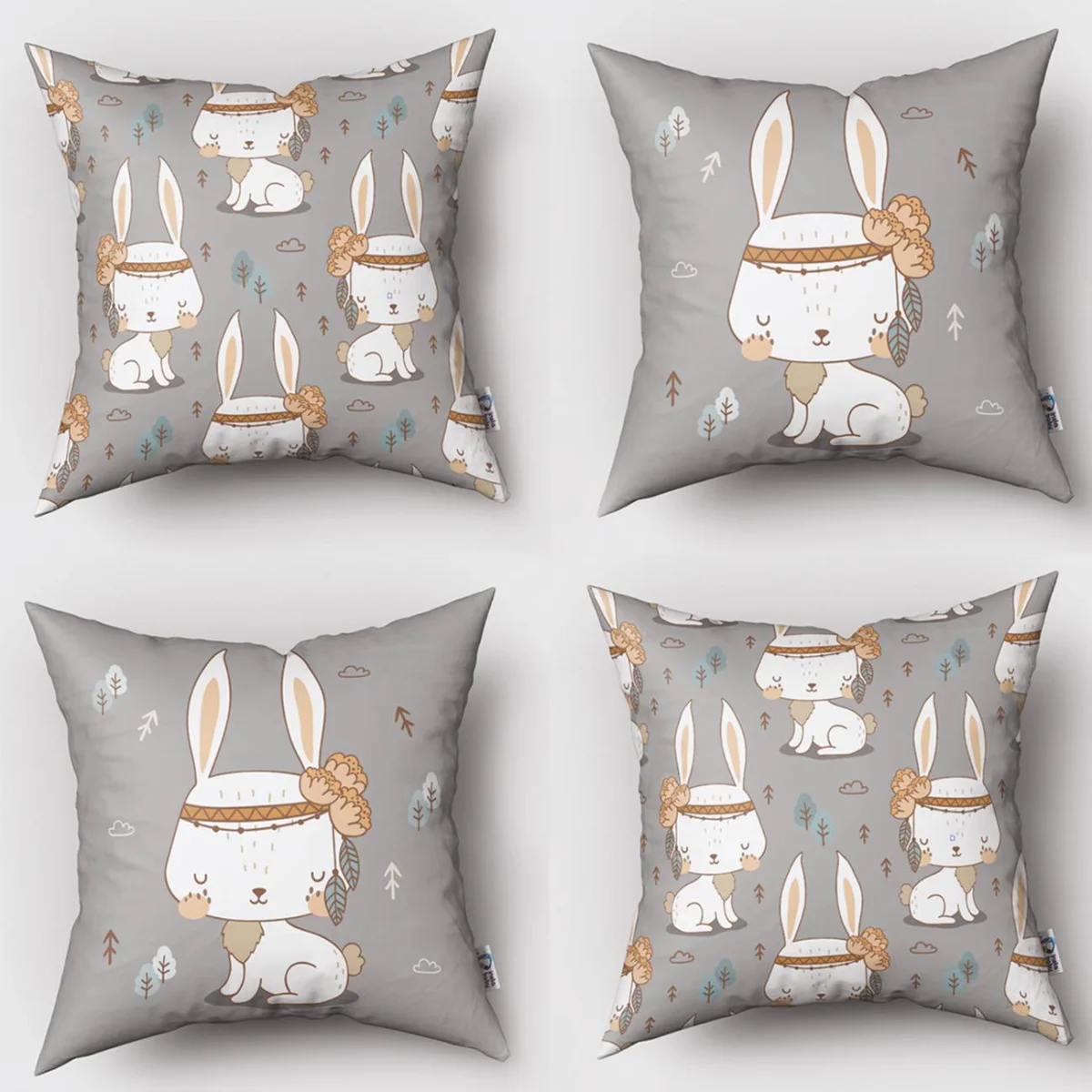 Orman Hayvanları/Tavşan 4lü Kırlent | Gri Oklar, ağaçlar Desenli