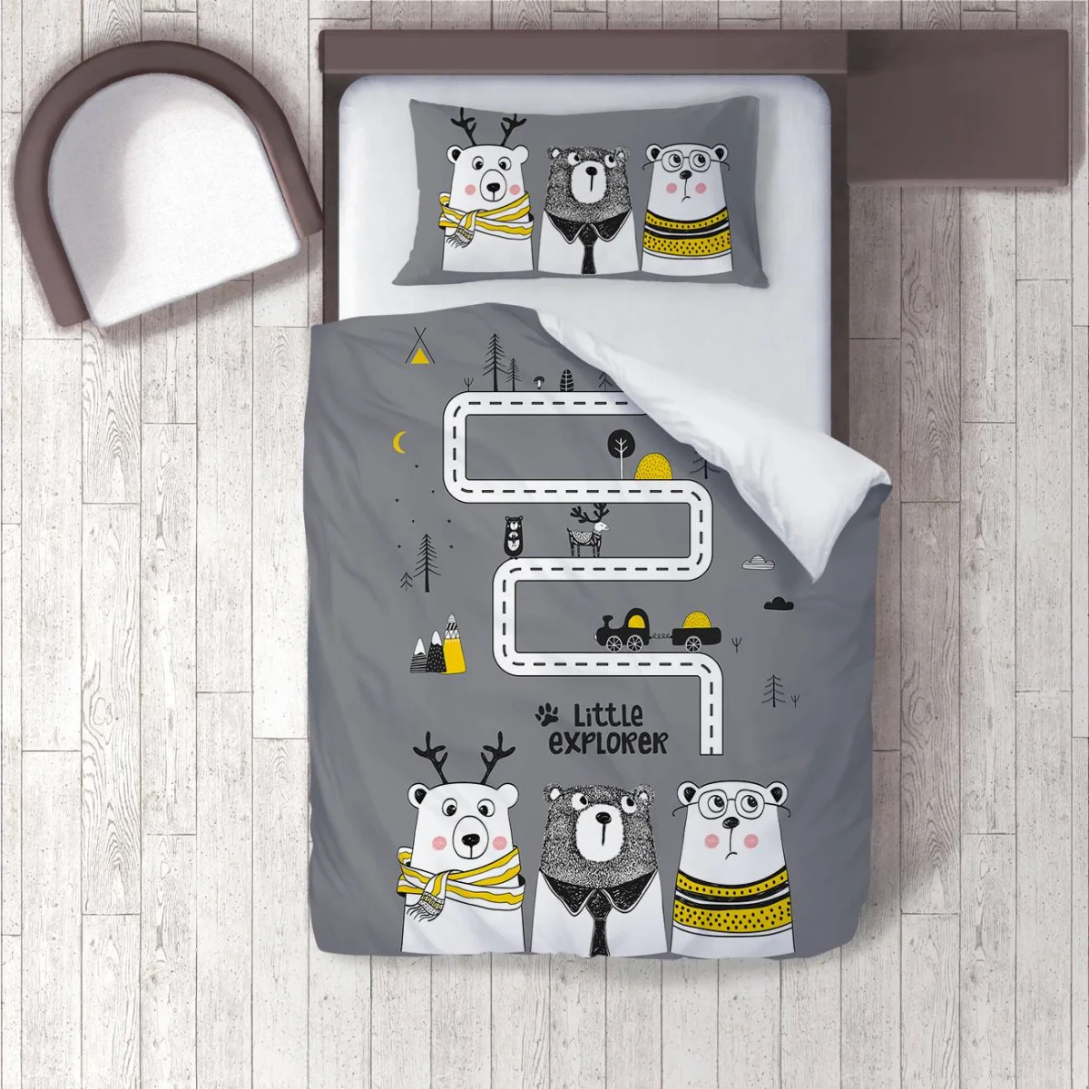 Orman Hayvanları ve Macera Nevresim Takımı | Gri yol, ağaçlar Desenli