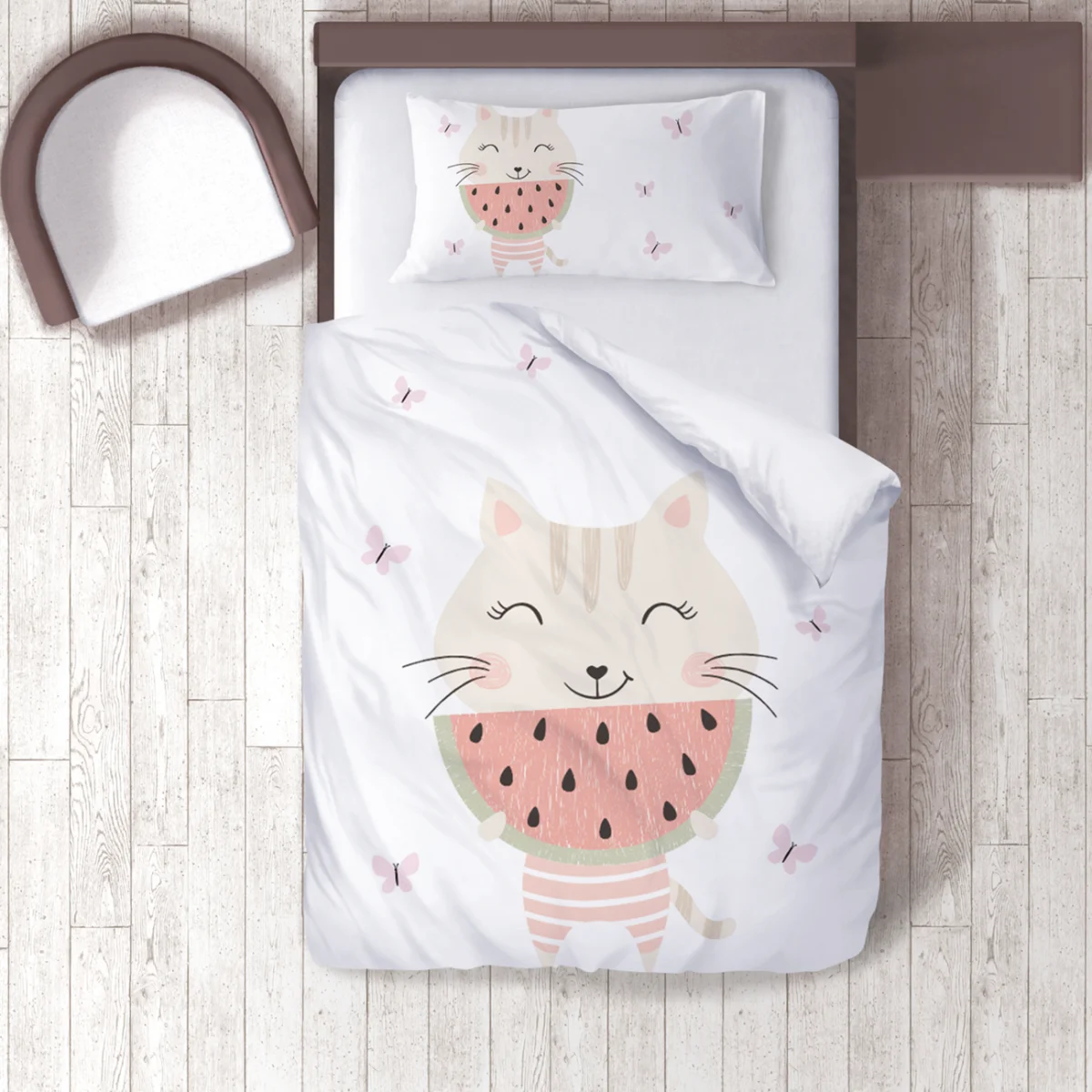 Kedi Nevresim Takımı | Beyaz pembe kelebekler, karpuz Desenli