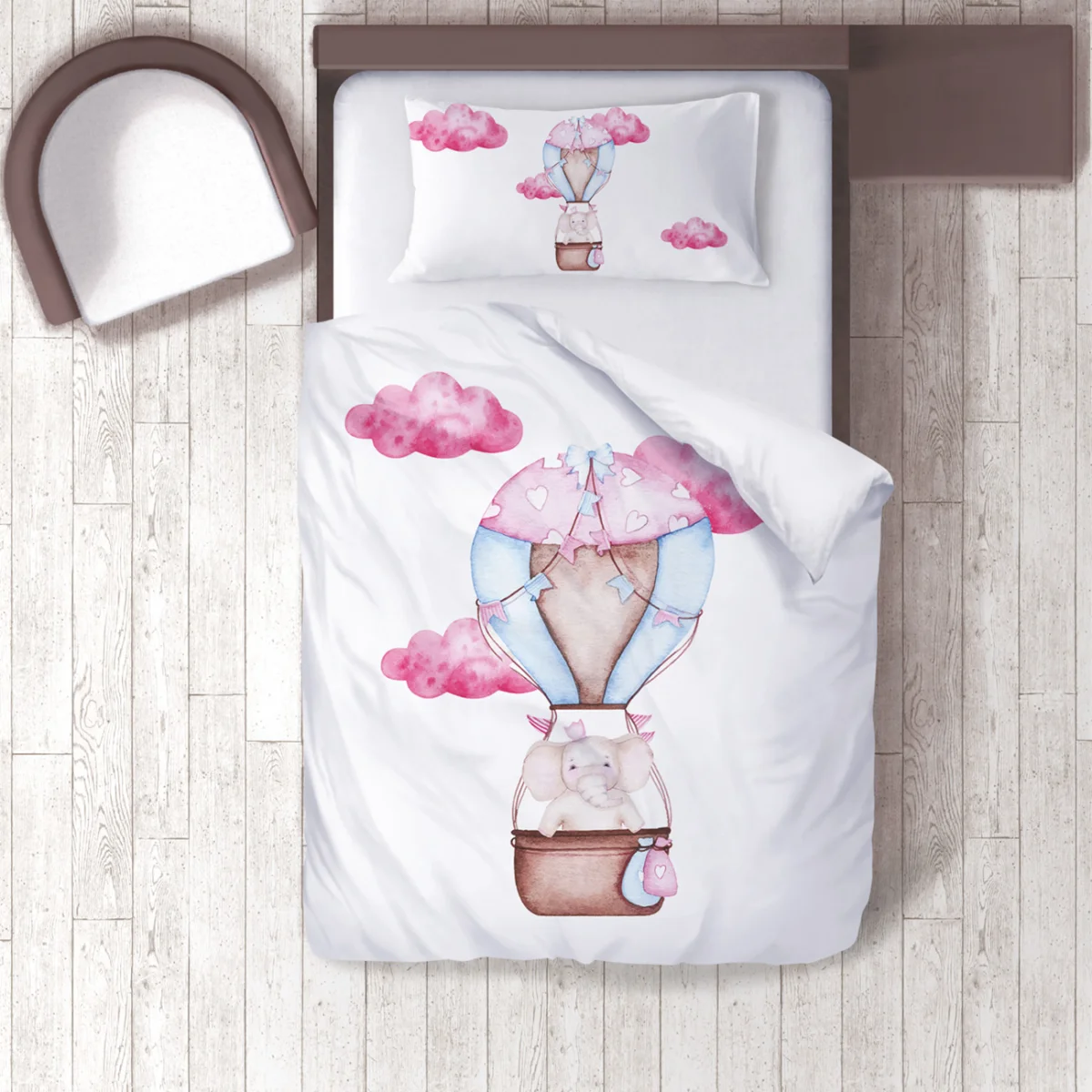 Fil, Sıcak hava balonu Nevresim Takımı | Beyaz pembe bulut, kalp Desenli