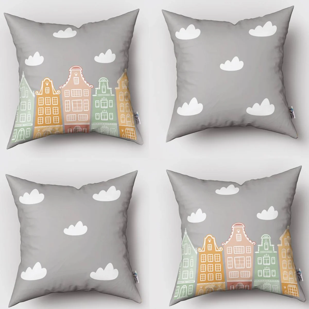 Evler, şehir silüeti 4lü Kırlent | Gri Bulut, renkli evler Desenli