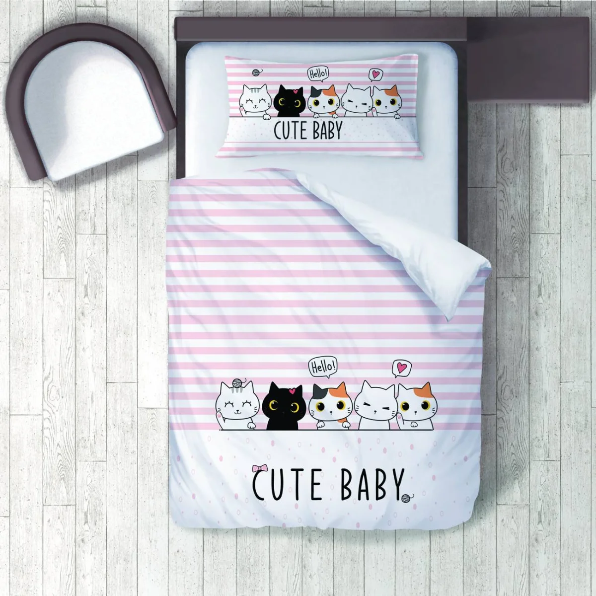 Kedi Nevresim Takımı | Pembe Çizgili, puantiye Desenli