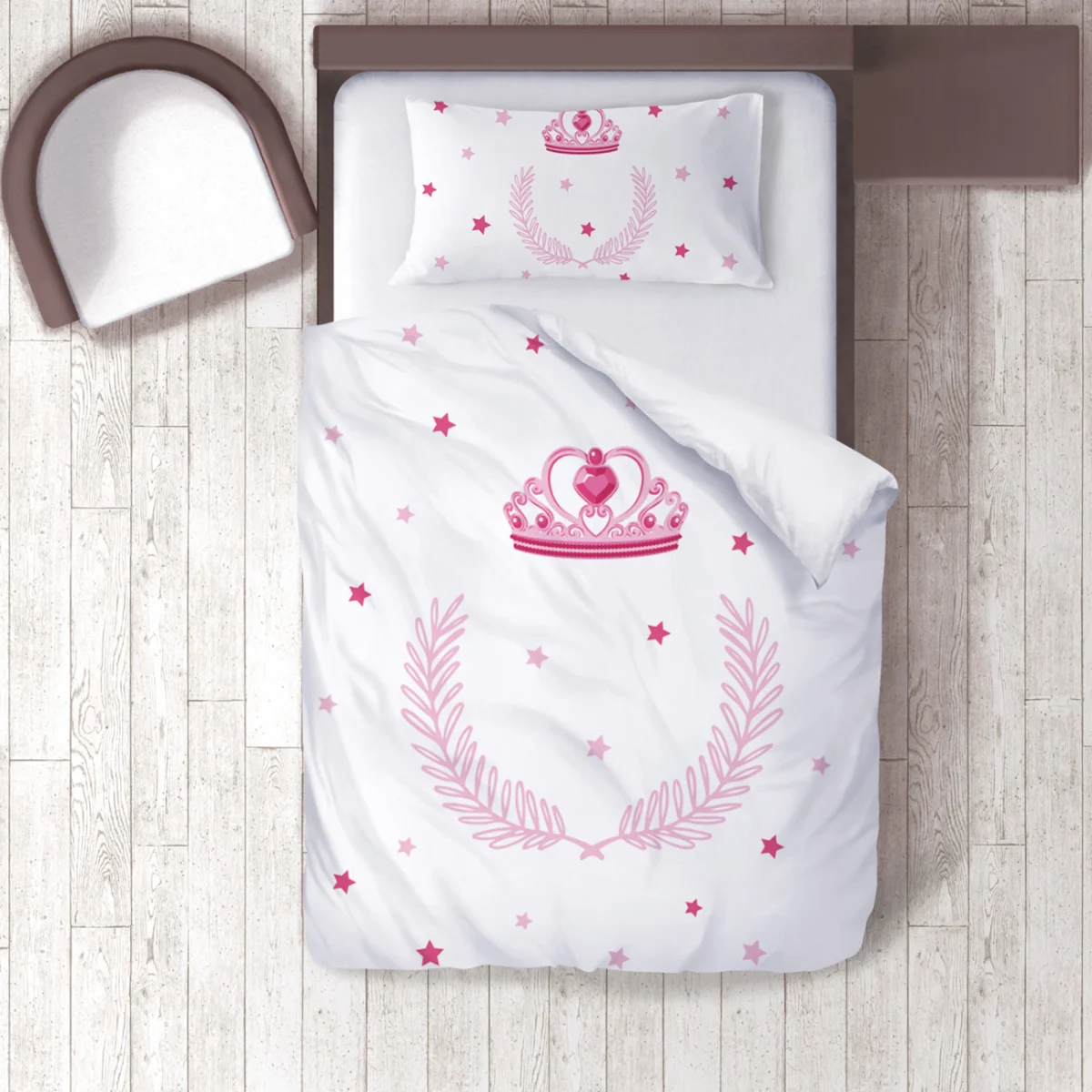 Prenses tacı Nevresim Takımı | Beyaz Pembe yıldızlar, yaprak desenleri Desenli