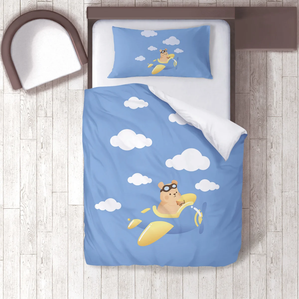 Pilot Ayı Nevresim Takımı | Mavi bulutlar Desenli