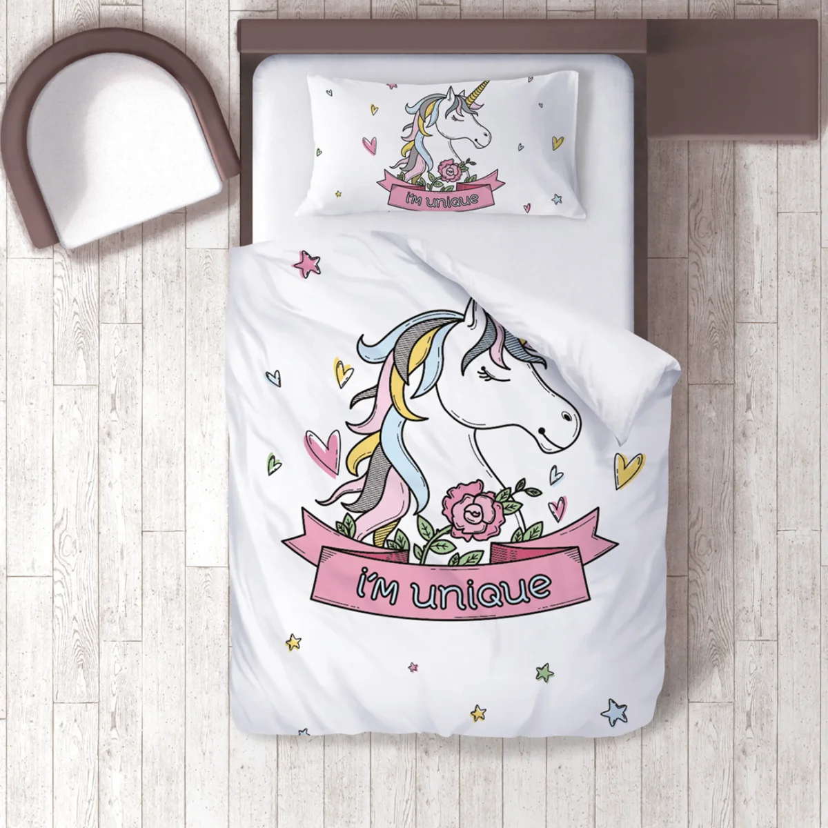 Unicorn Nevresim Takımı | Beyaz kalpler, yıldızlar Desenli