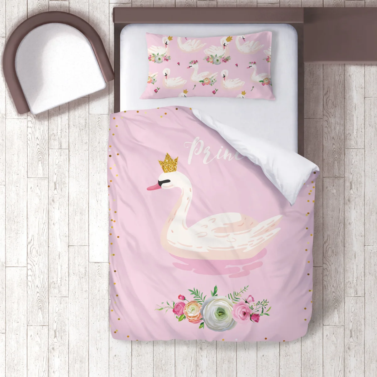 Prenses Kuğu Nevresim Takımı | Pembe Altın noktalar ve çiçekler Desenli