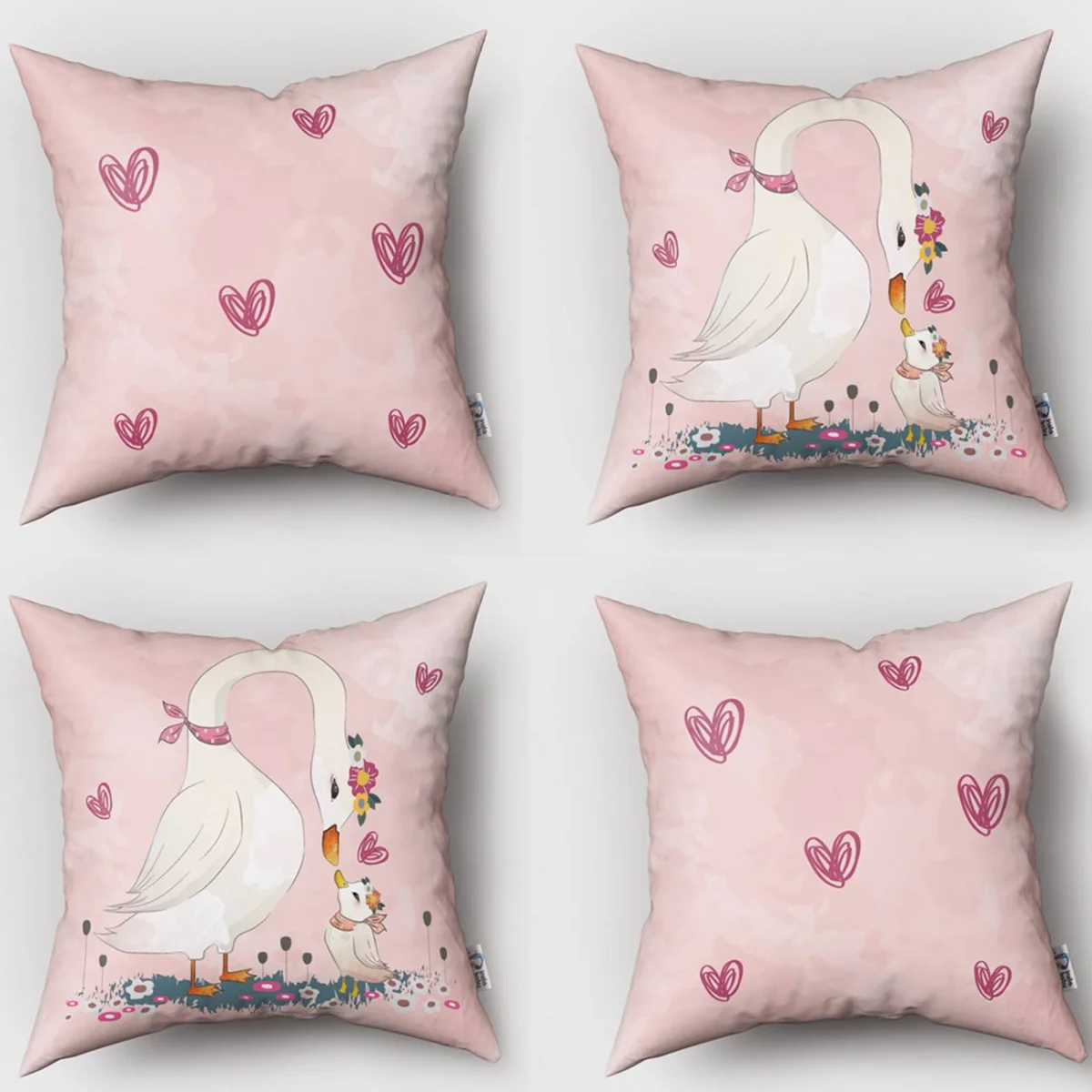 Kuğu ailesi 4lü Kırlent | Pembe Çiçekler, kalpler ve otlar Desenli