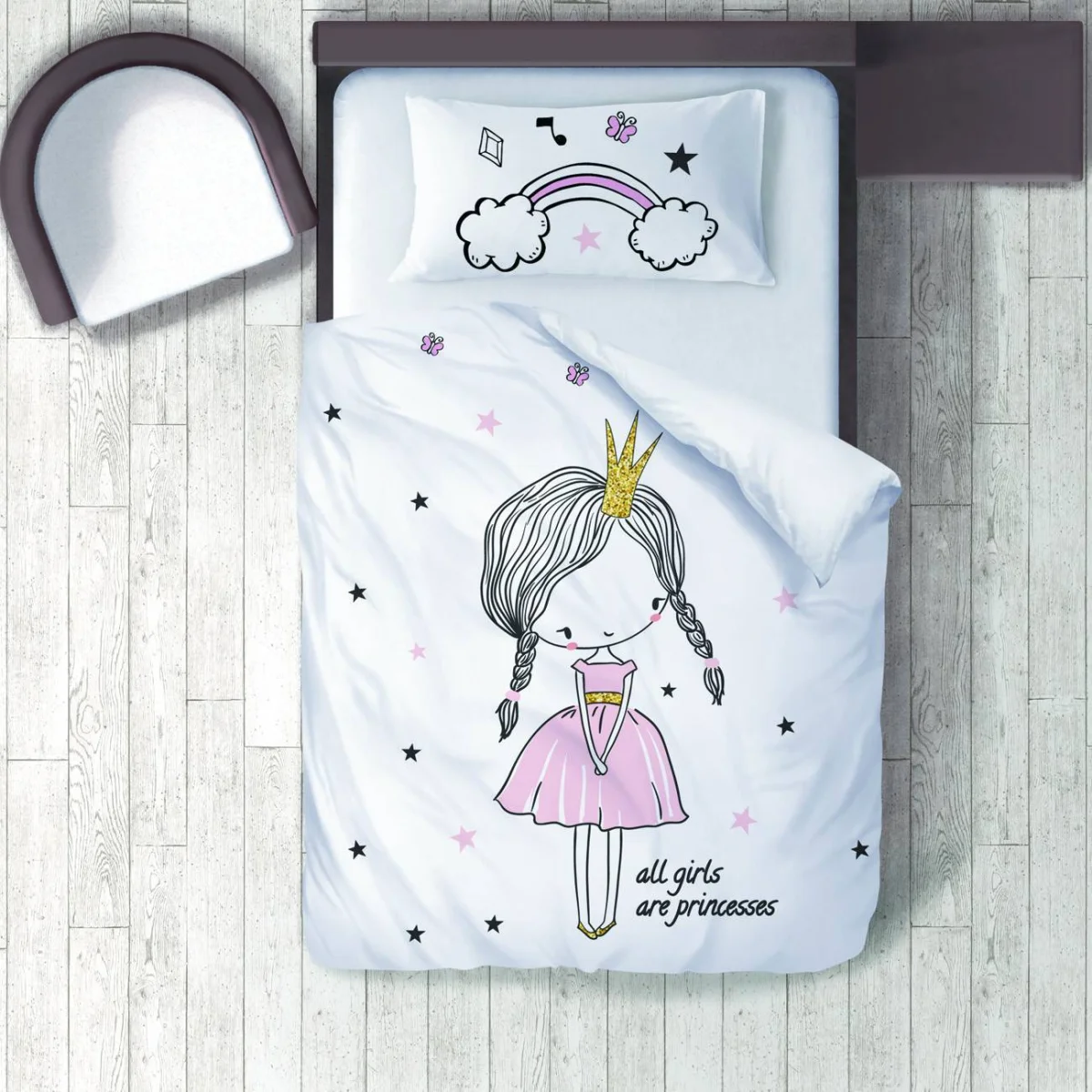 Prenses Kız Nevresim Takımı | Beyaz yıldızlar, bulut Desenli