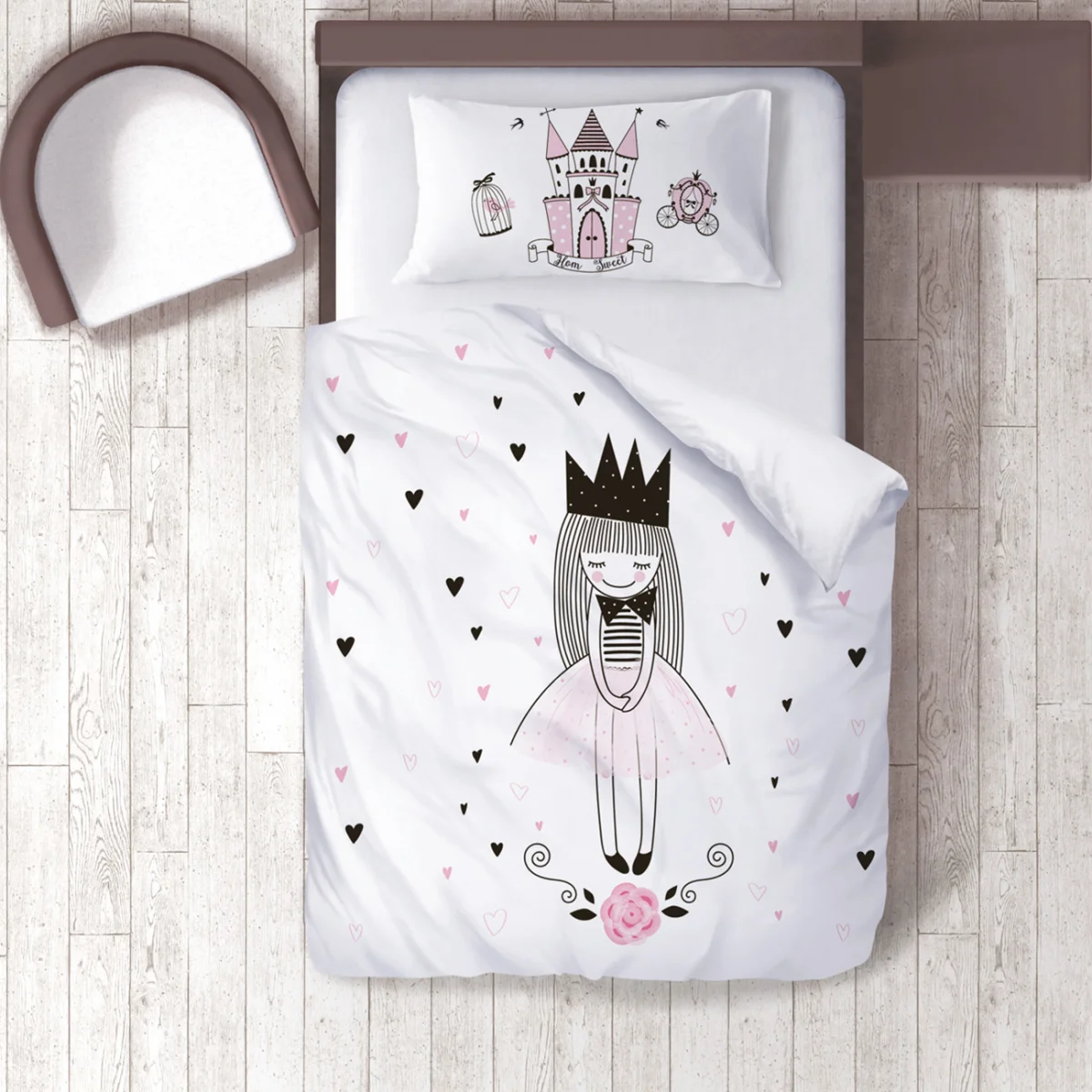 Prenses Nevresim Takımı | Beyaz Kalpler, kale Desenli