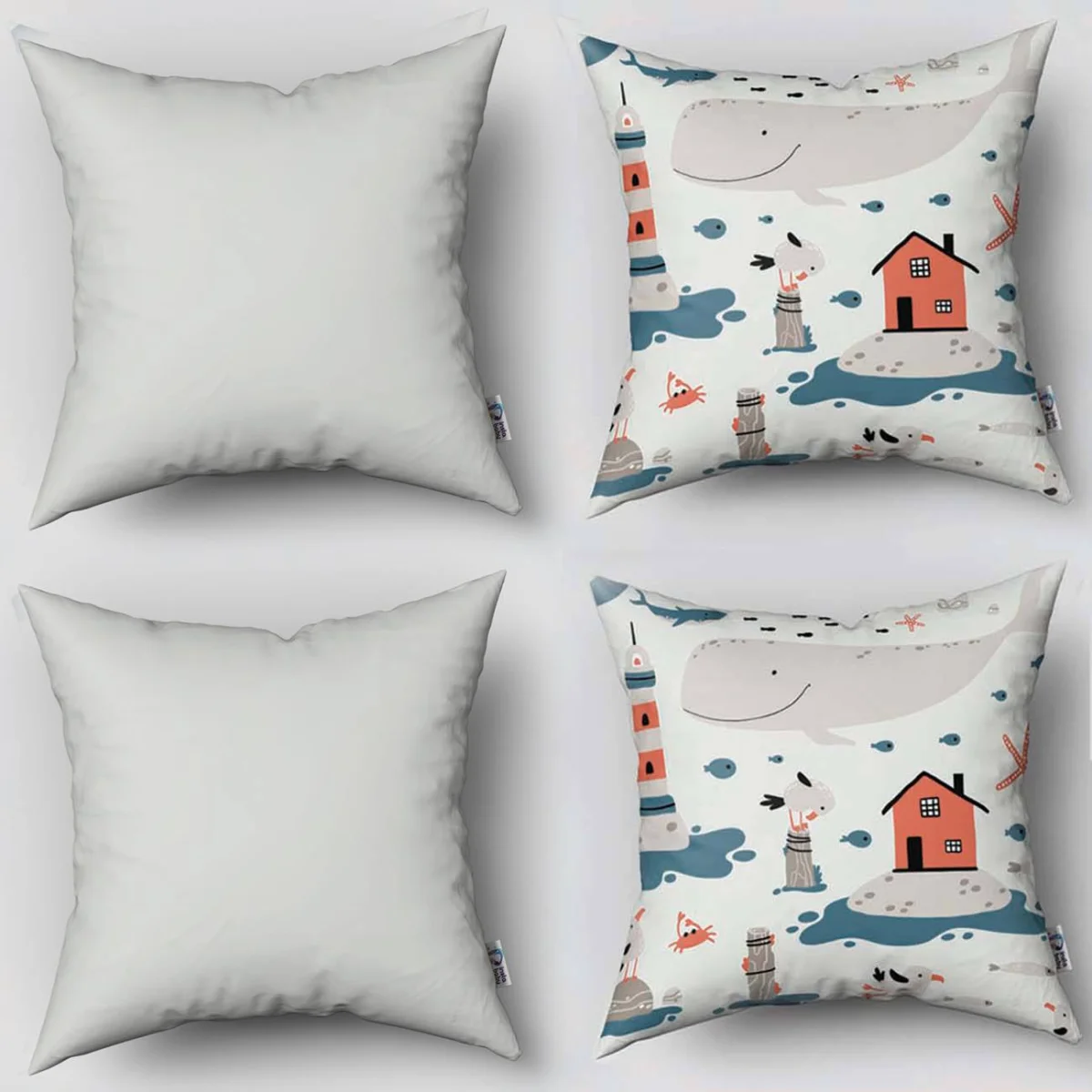Deniz Teması 4lü Kırlent | Beyaz Balina, deniz feneri Desenli