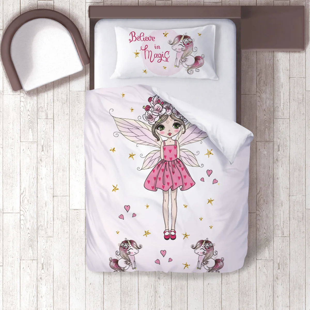 Peri, Unicorn, Sihir Nevresim Takımı | Beyaz yıldız, kalp Desenli