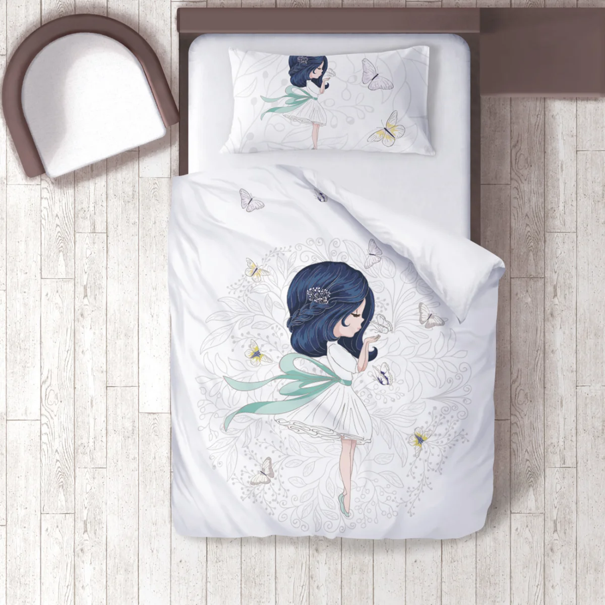 Kız, kelebekler Nevresim Takımı | Beyaz Kelebekler, floral desen Desenli