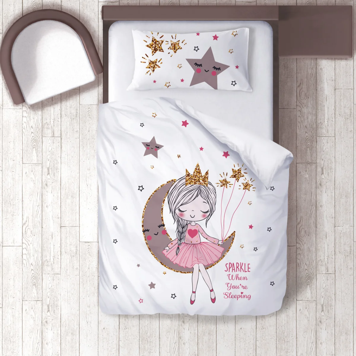 Rüya temalı kız Nevresim Takımı | Beyaz Ay, yıldızlar Desenli