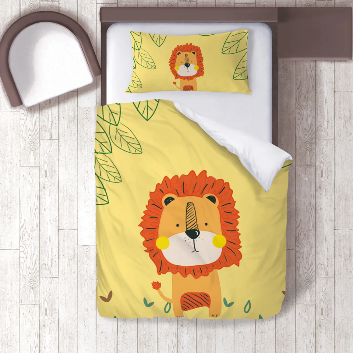 Aslan Nevresim Takımı | Sarı yeşil yapraklar, küçük bitki figürleri Desenli