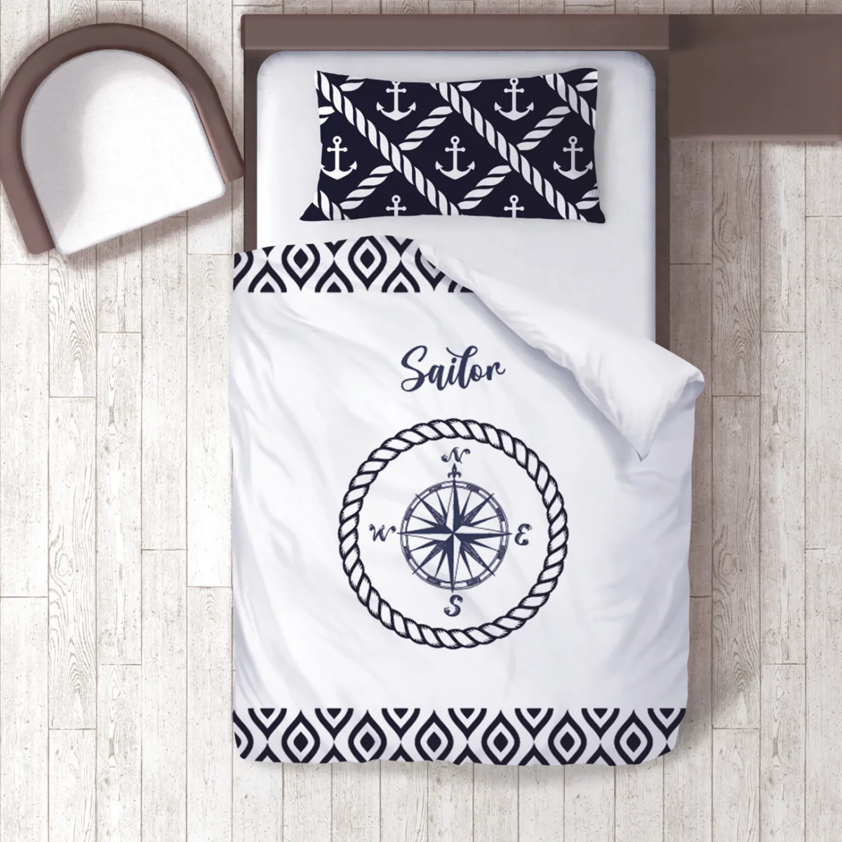 Denizci Nevresim Takımı | Beyaz Çapa, pusula Desenli