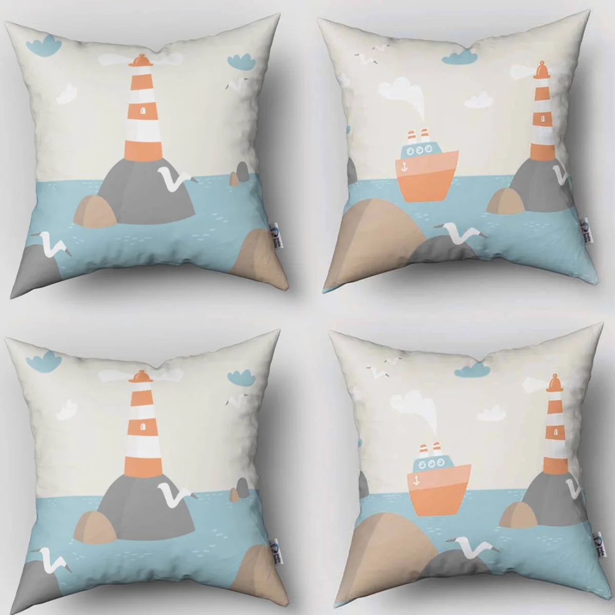 Denizcilik / Deniz kenarı 4lü Kırlent | Krem deniz feneri, gemi Desenli