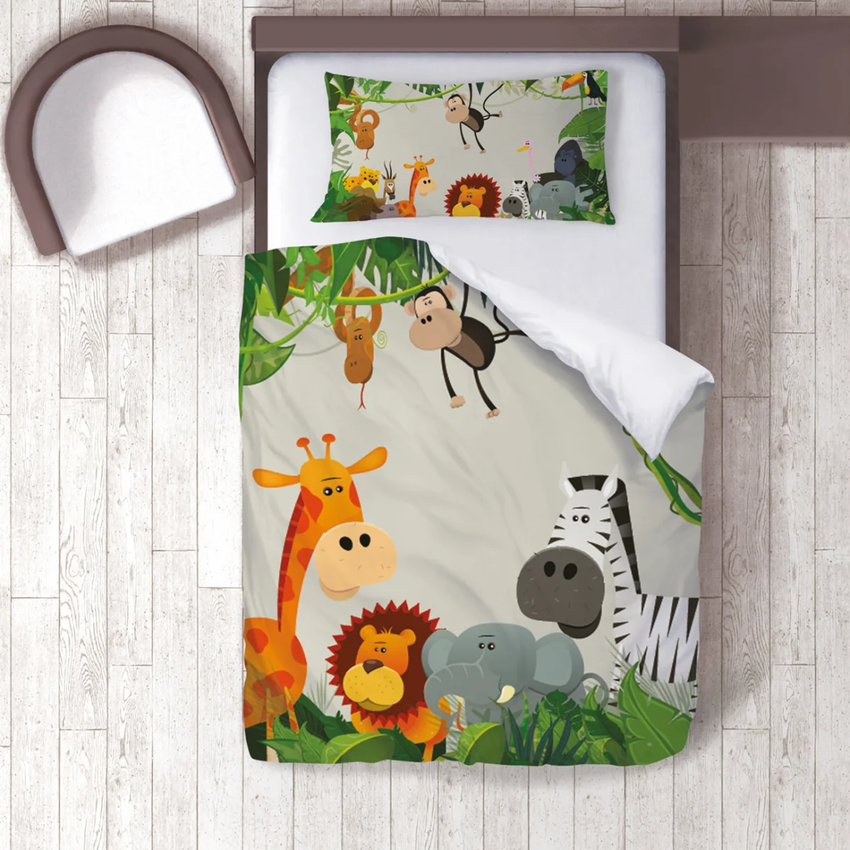 Orman Hayvanları Nevresim Takımı | Açık Gri yeşil yapraklar ve sarmaşıklar Desenli