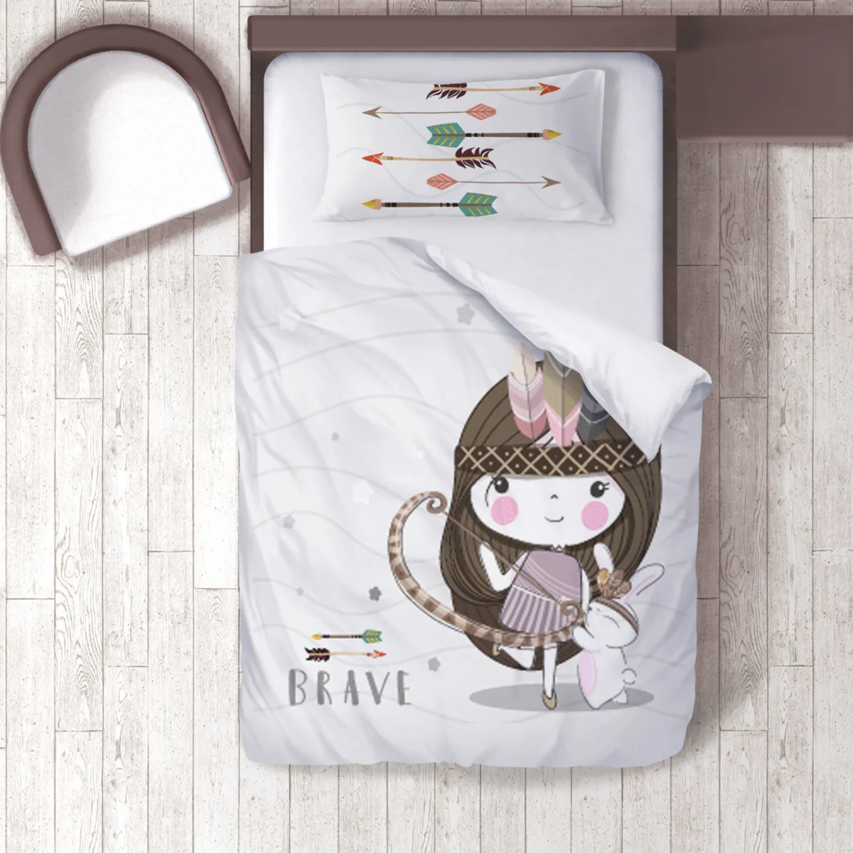 Yerli kız ve tavşan Nevresim Takımı | Beyaz yıldızlar, dalgalı çizgiler Desenli