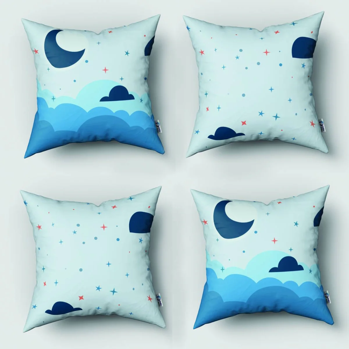 Ay ve Bulutlar 4lü Kırlent | Mavi Ay, bulut Desenli