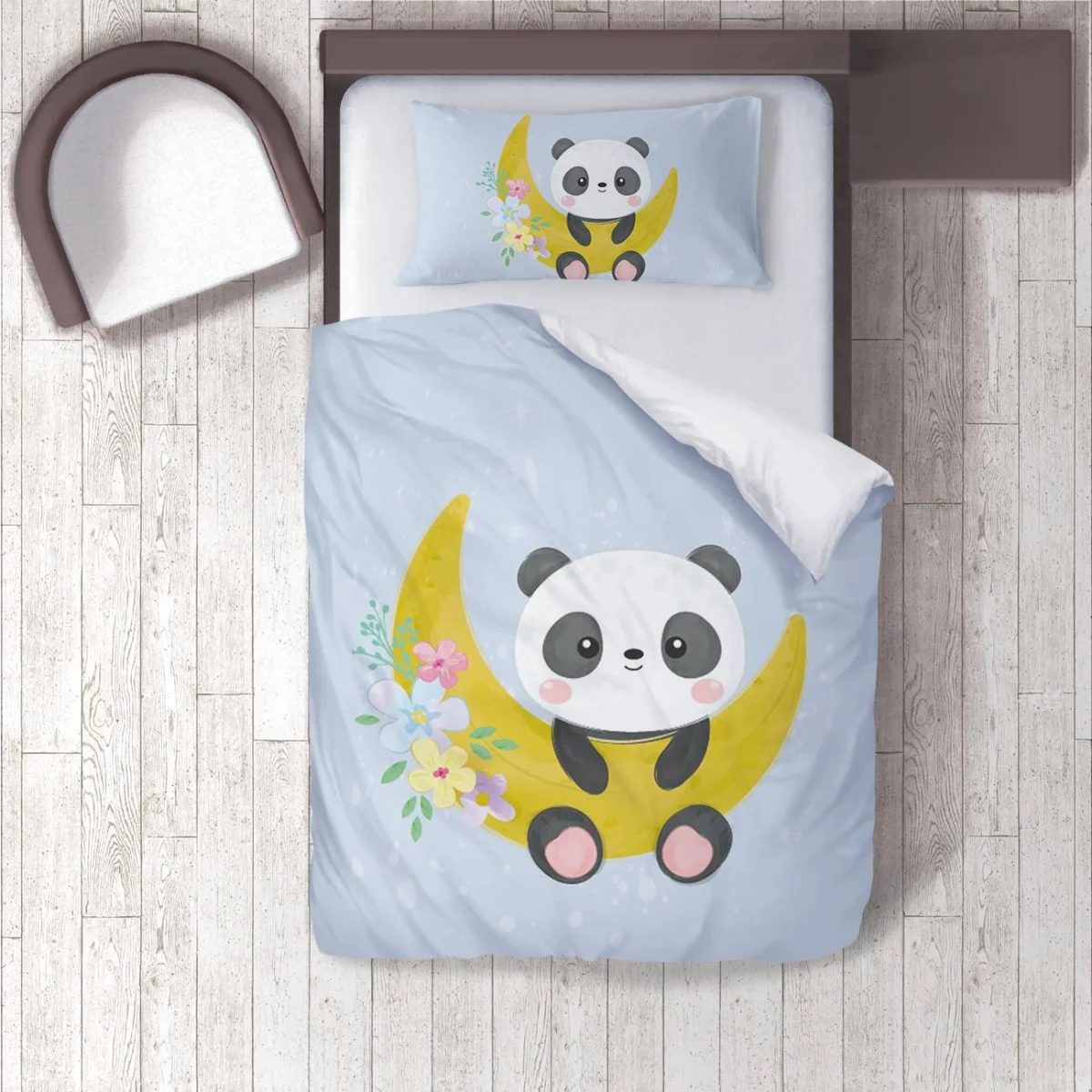 Panda, Ay Nevresim Takımı | Mavi yıldız, çiçekler Desenli