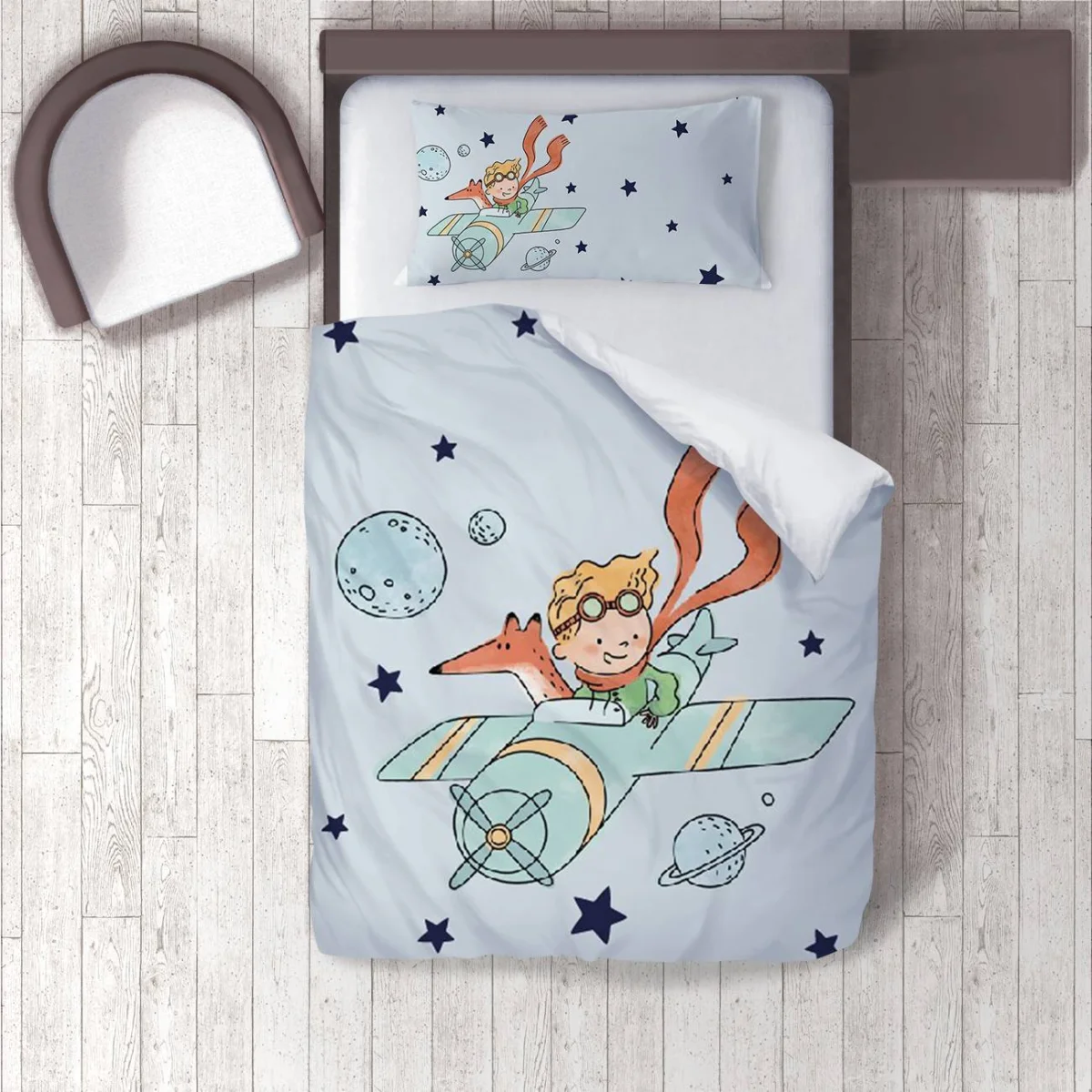 Uzay, Küçük Prens ve tilki Nevresim Takımı | Mavi yıldızlar, gezegenler Desenli