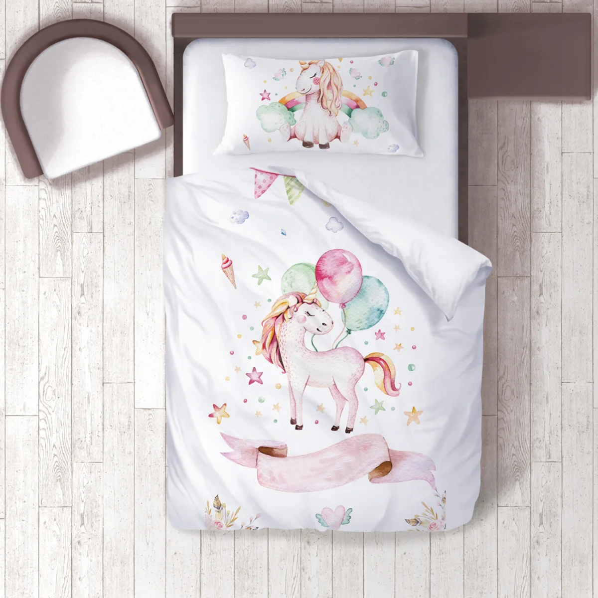 Unicorn Nevresim Takımı | Beyaz balon, yıldız Desenli