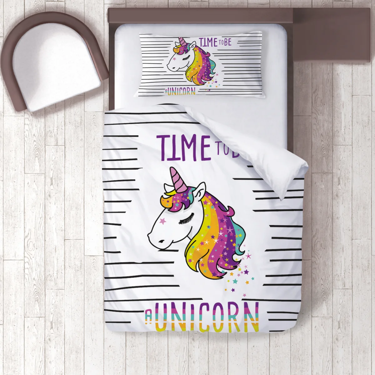 Unicorn Nevresim Takımı | Beyaz Yatay çizgiler, yıldızlar Desenli
