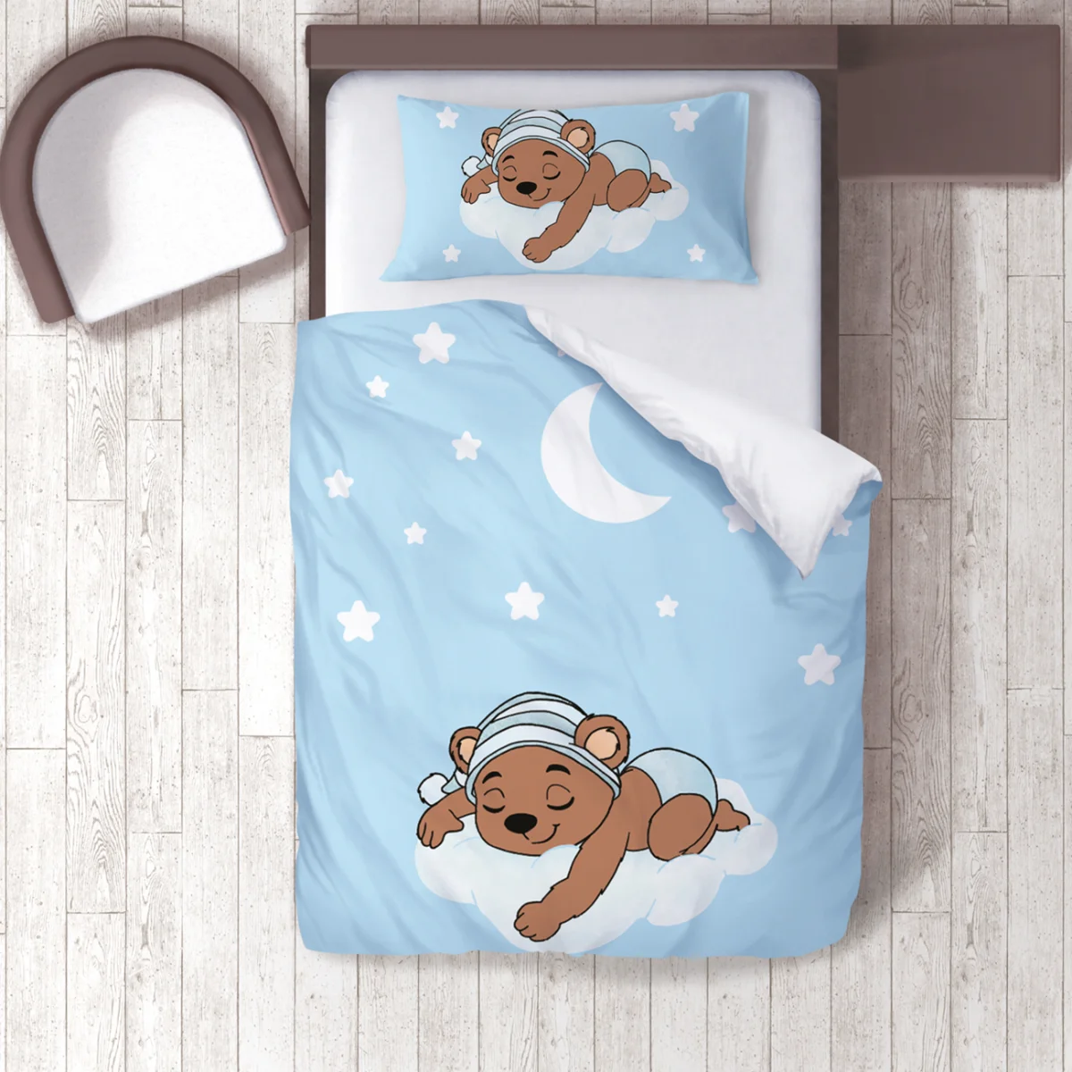 Ayıcık Nevresim Takımı | Mavi yıldızlar, bulut Desenli