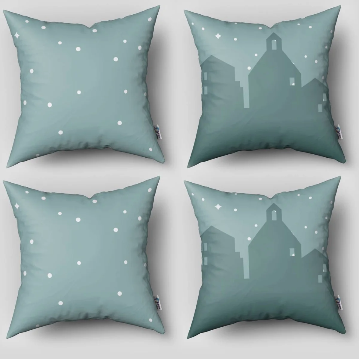 Şehir Silüeti 4lü Kırlent | Mavi-yeşil yıldızlar, noktalar Desenli