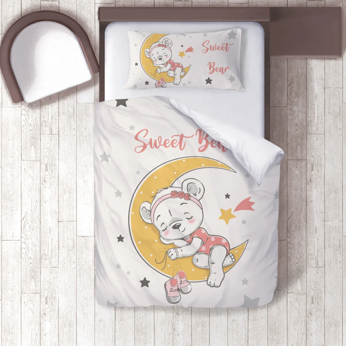 Uyuyan ayıcık, ay Nevresim Takımı | Beyaz Yıldızlar, kayan yıldız Desenli