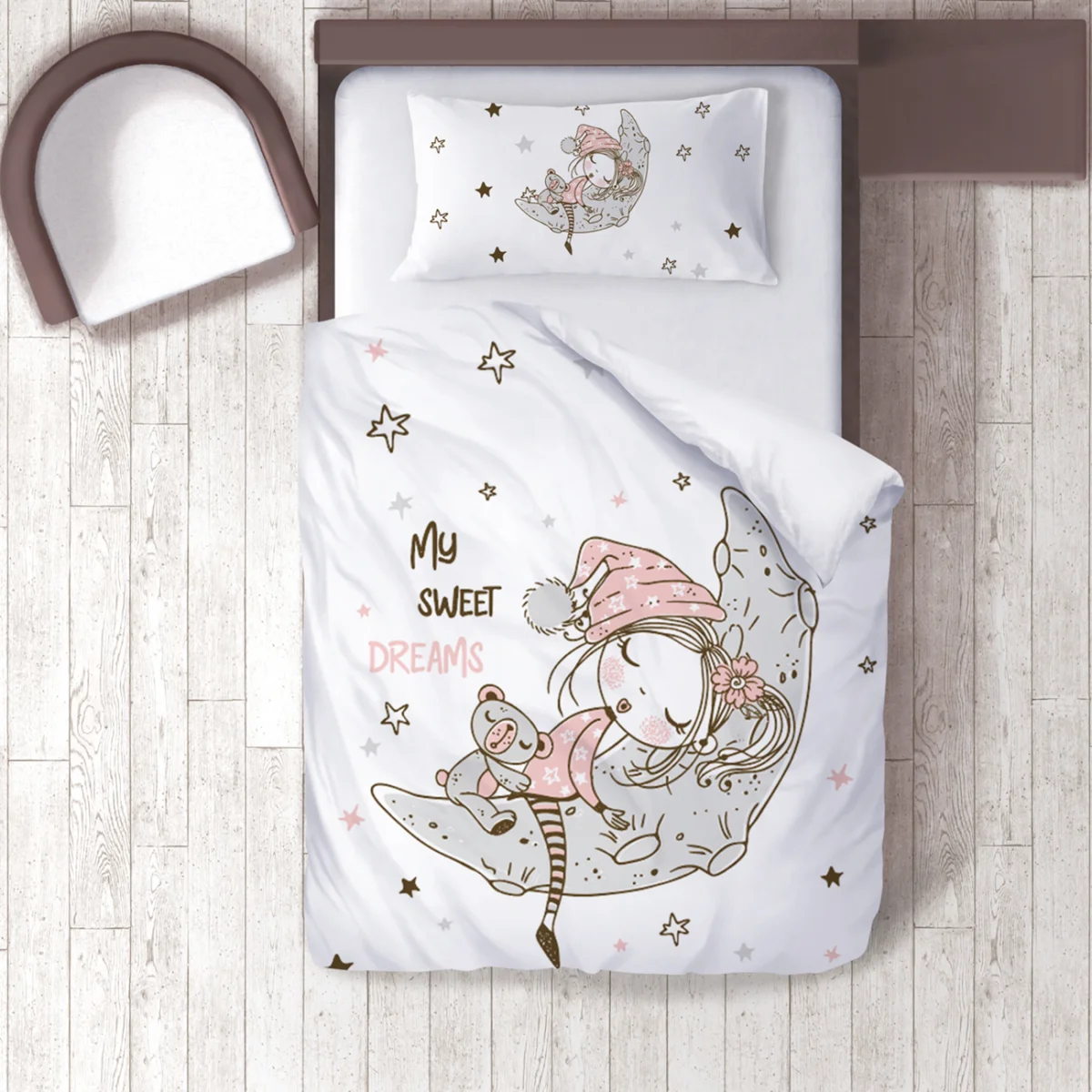 Uyuyan kız ve ay Nevresim Takımı | Beyaz yıldızlar, ay Desenli