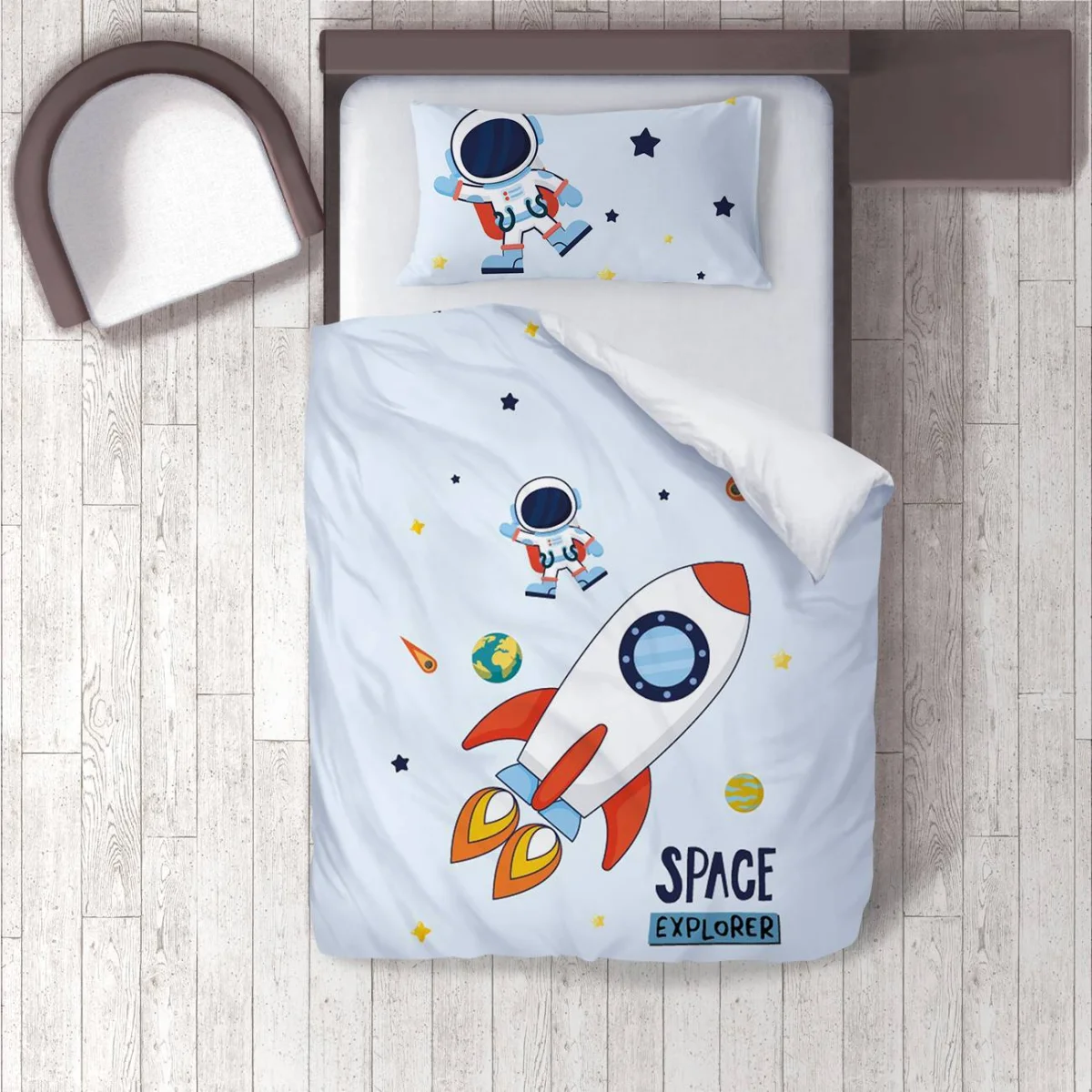 Uzay Nevresim Takımı | Açık Mavi Astronot, roket Desenli