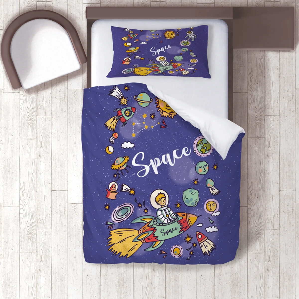 Uzay Nevresim Takımı | Mavi yıldız, gezegen Desenli