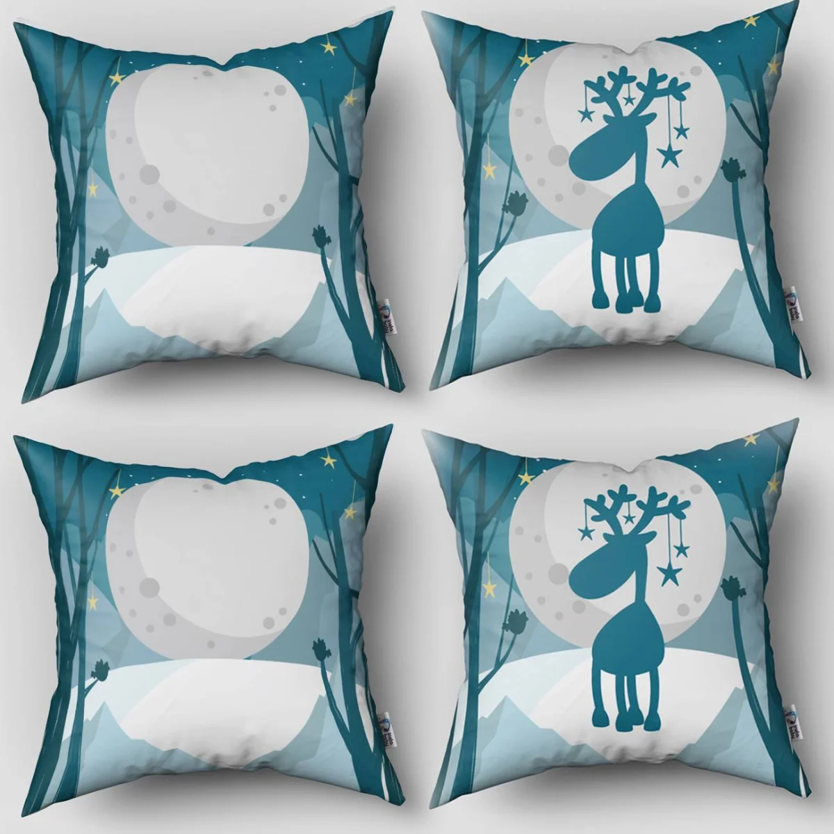 Geyik 4lü Kırlent | Mavi yıldızlar, ay Desenli