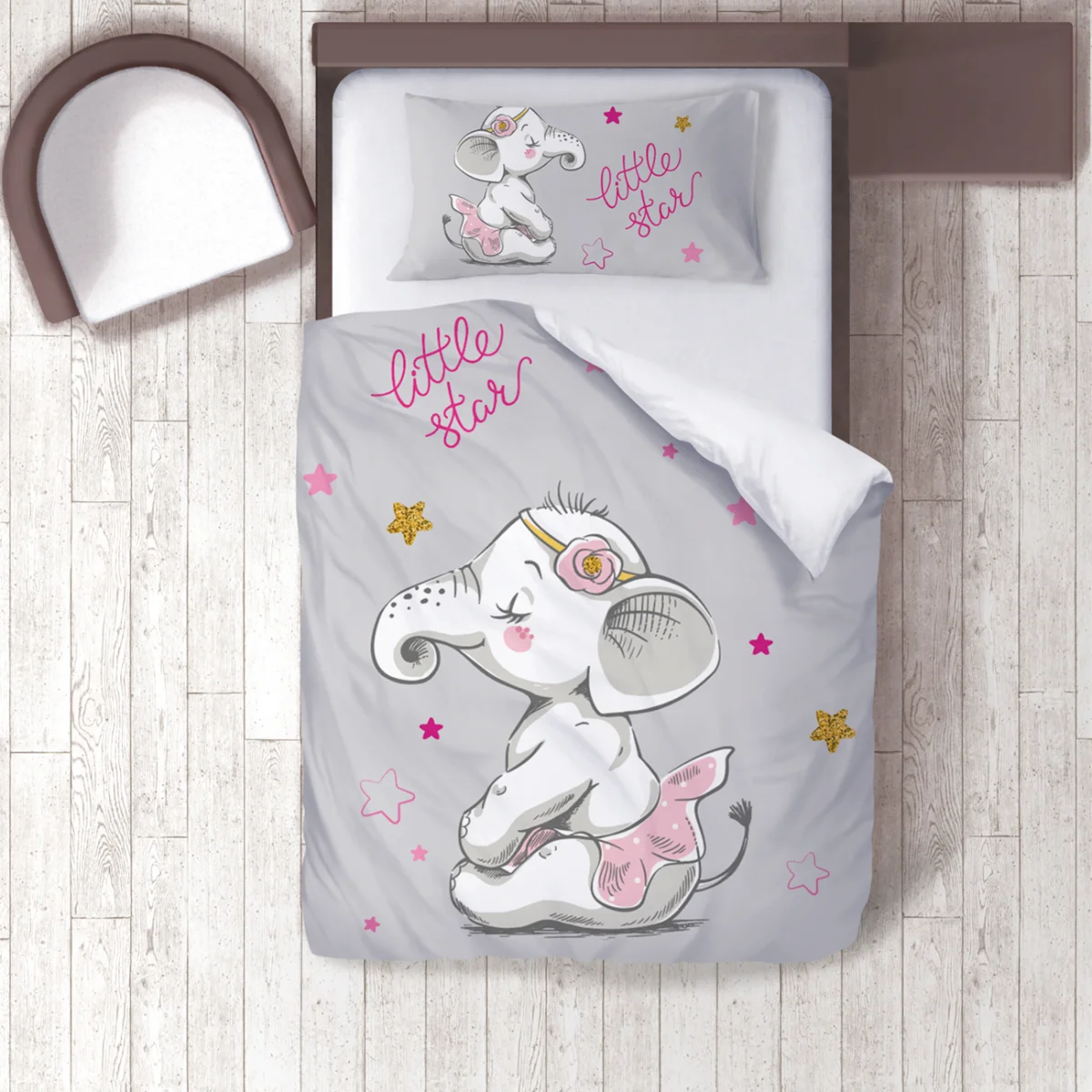 Fil ve Yıldız Nevresim Takımı | Gri Pembe ve altın yıldızlar, little star yazısı Desenli