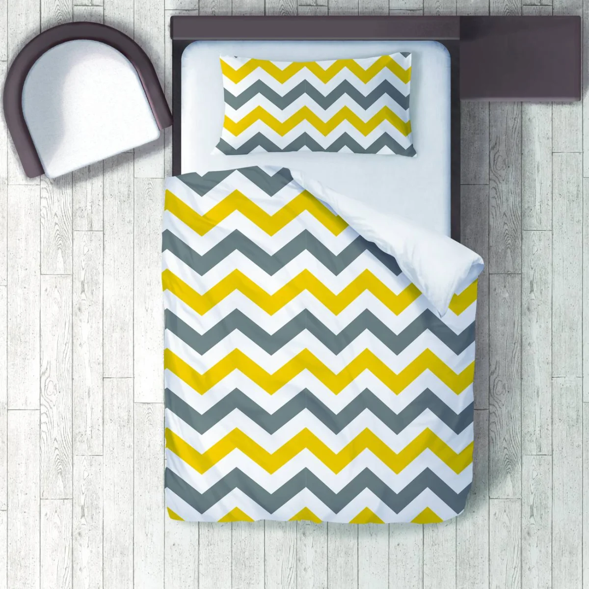 Şevron Nevresim Takımı | Sarı, Gri, Beyaz Zig-zag çizgili Desenli